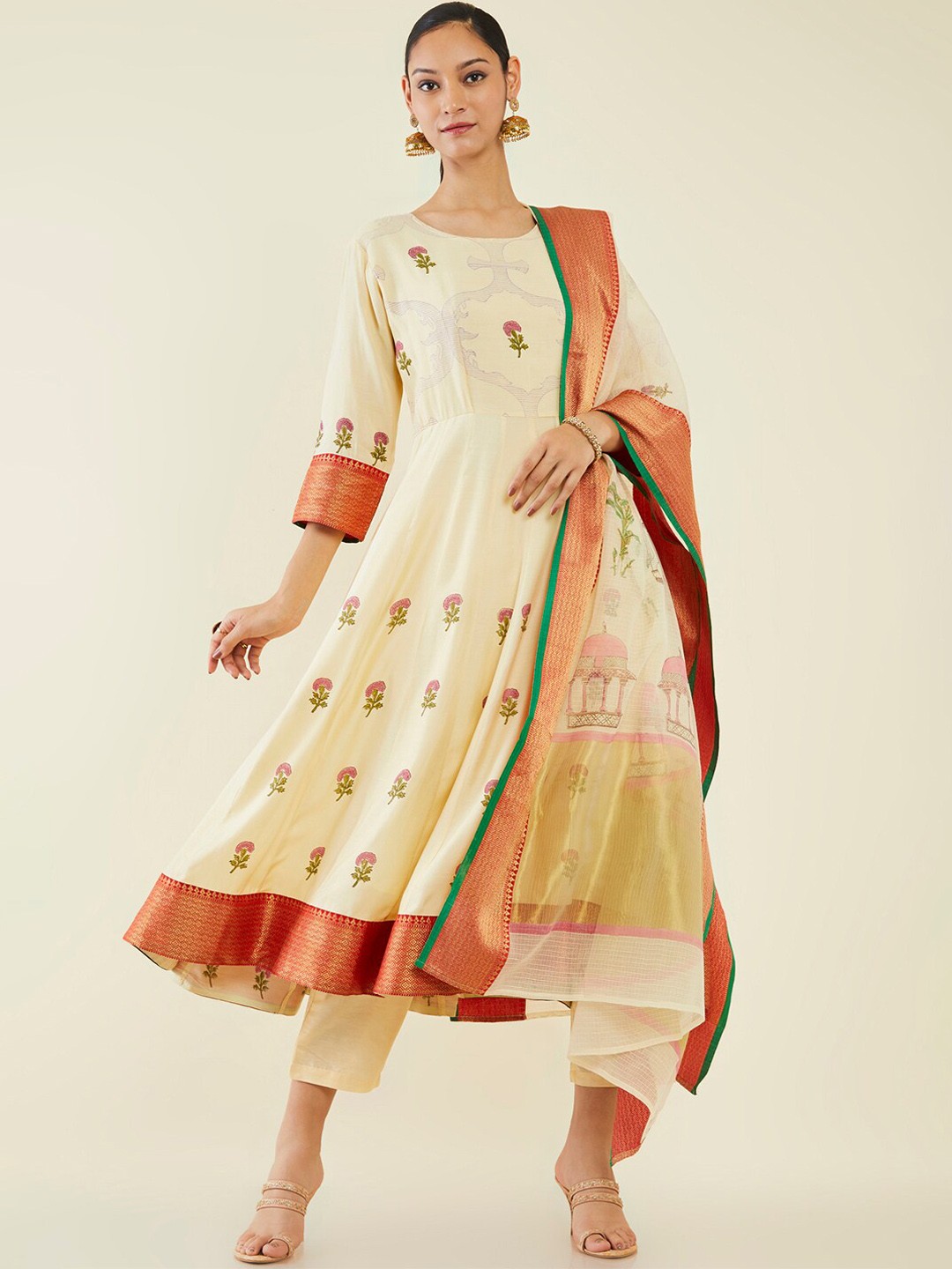 

Soch Floral Printed Kurta with Trousers & Dupatta, Beige