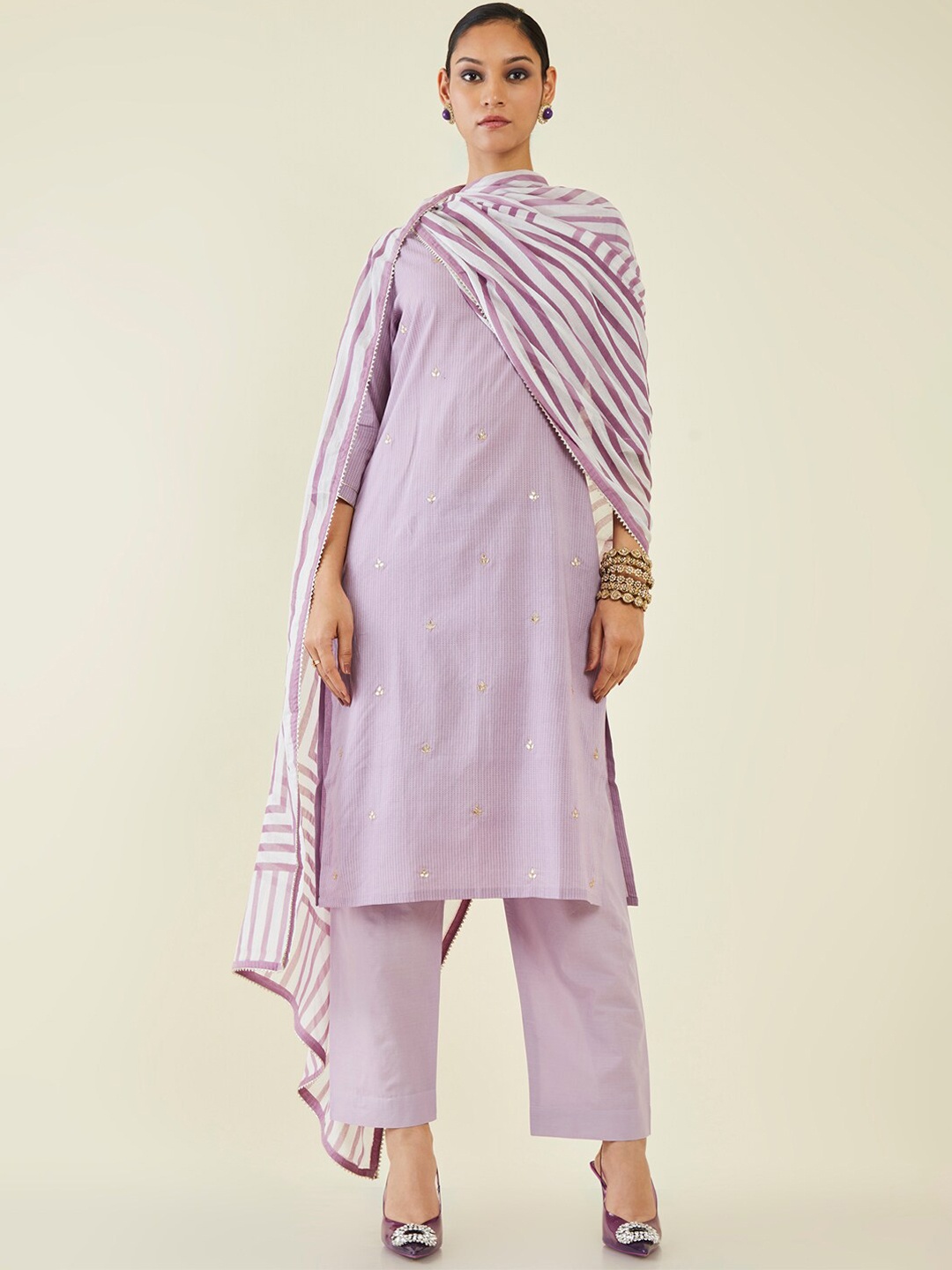 

Soch Striped Gotta Patti Pure Cotton Kurta With Trousers & Dupatta, Purple