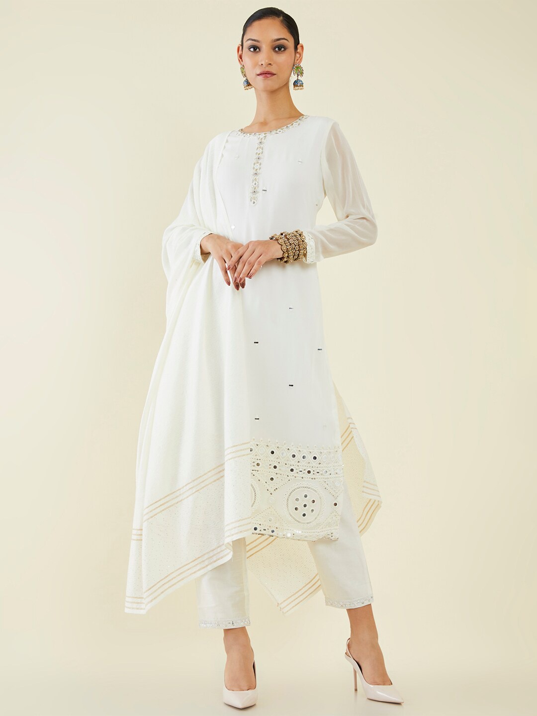 

Soch Ethnic Motifs Embroidered Mirror Work Kurta With Trousers & Dupatta, Off white