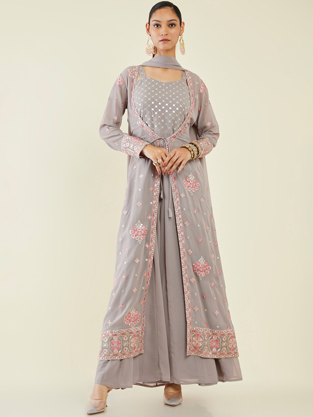 

Soch Floral Embroidered Thread Work Anarkali Kurta with Churidar & With Dupatta & Jacket, Grey