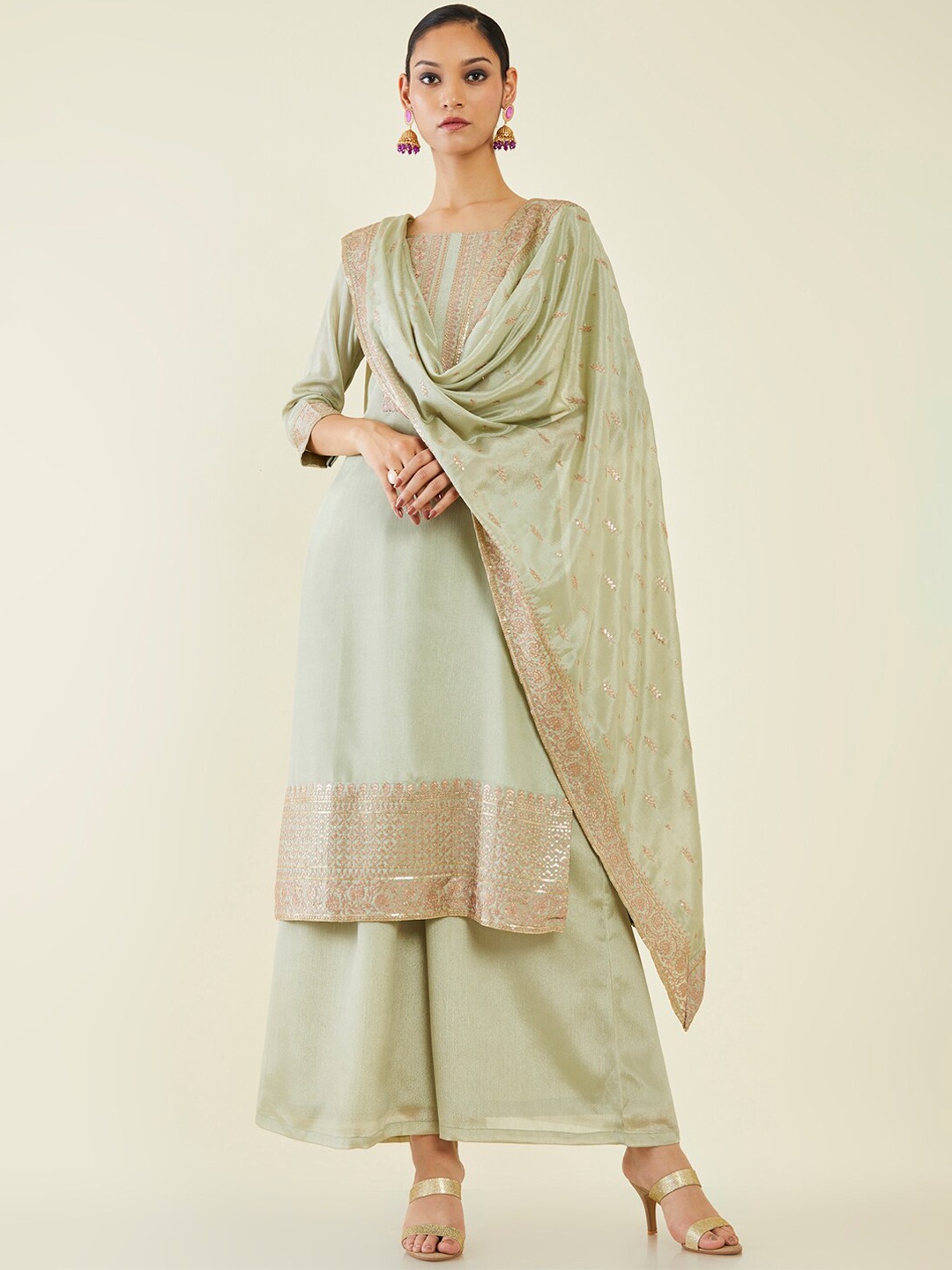 

Soch Ethnic Motifs Embroidered Sequinned Pure Cotton Kurta with Palazzos & Dupatta, Green