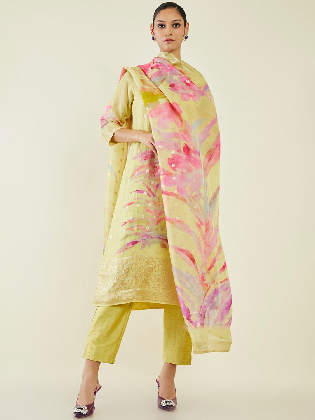 

Soch Ethnic Motifs Pure Silk Kurta With Trousers & Dupatta, Mustard