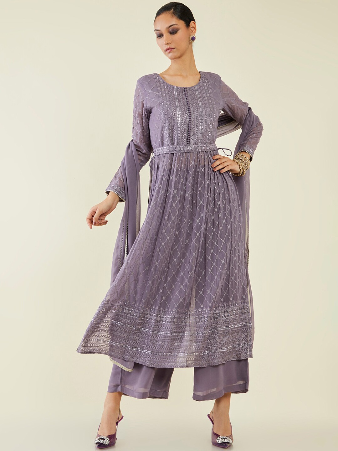 

Soch Embroidered Georgette Kurta with Palazzos & Dupatta, Purple