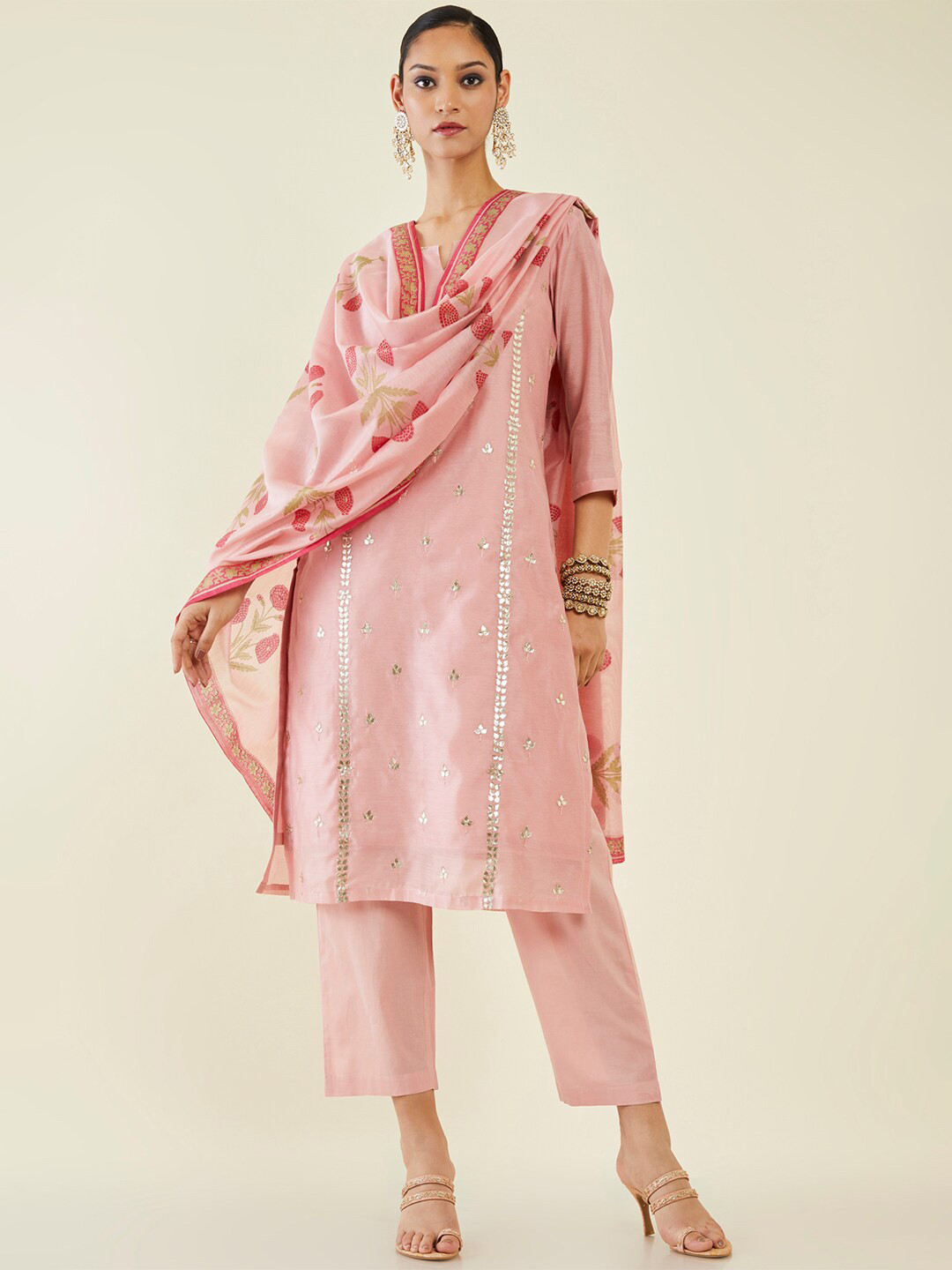 

Soch Embroidered Notch Neck Gotta Patti Chanderi Cotton Kurta with Trousers & Dupatta, Peach