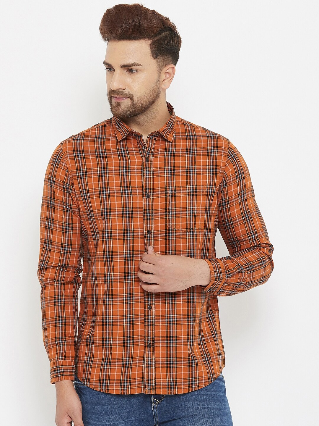 

Canary London Men Rust Smart Slim Fit Tartan Checks Checked Casual Shirt