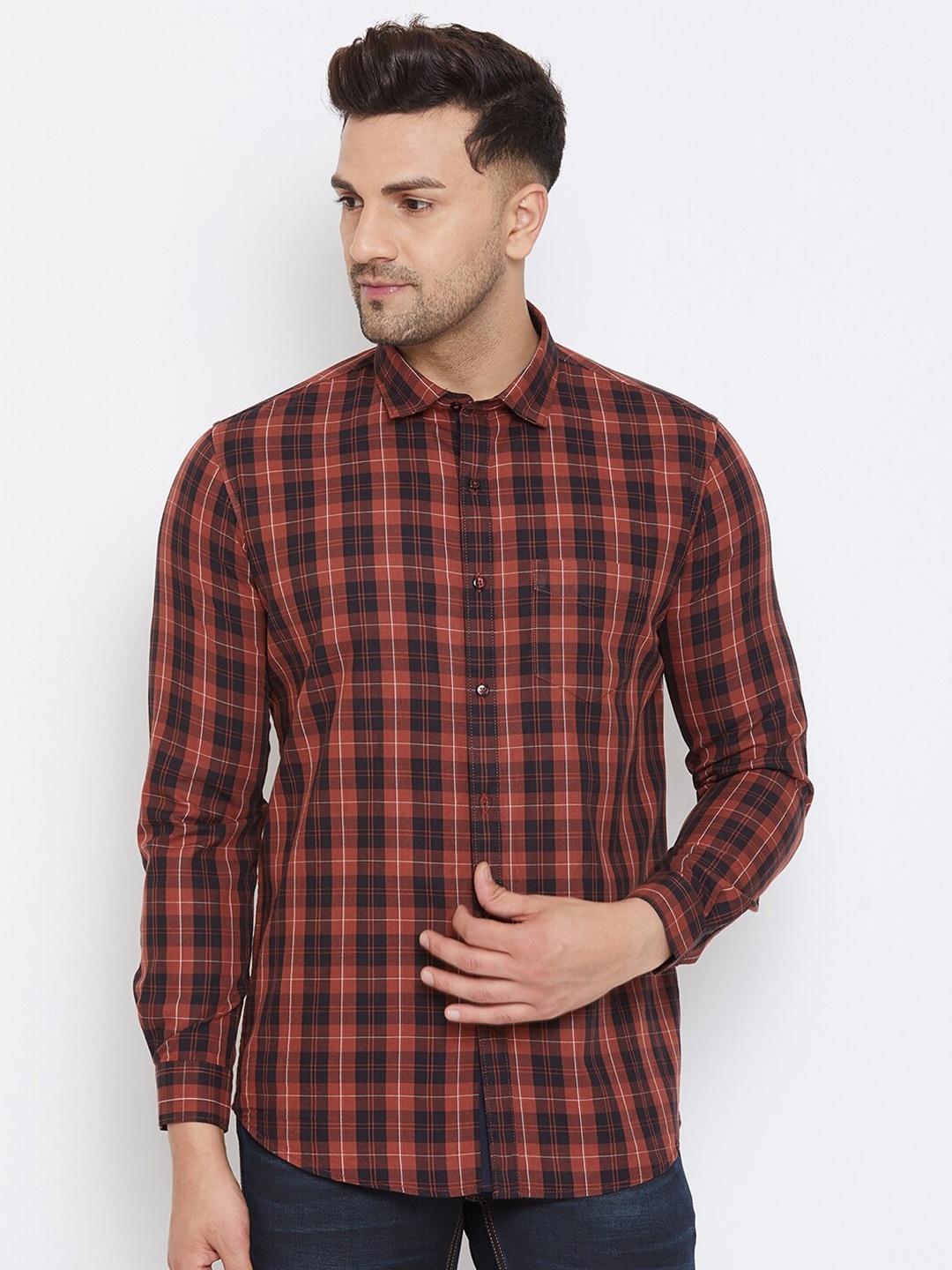 

Canary London Men Rust Smart Slim Fit Tartan Checks Checked Casual Shirt