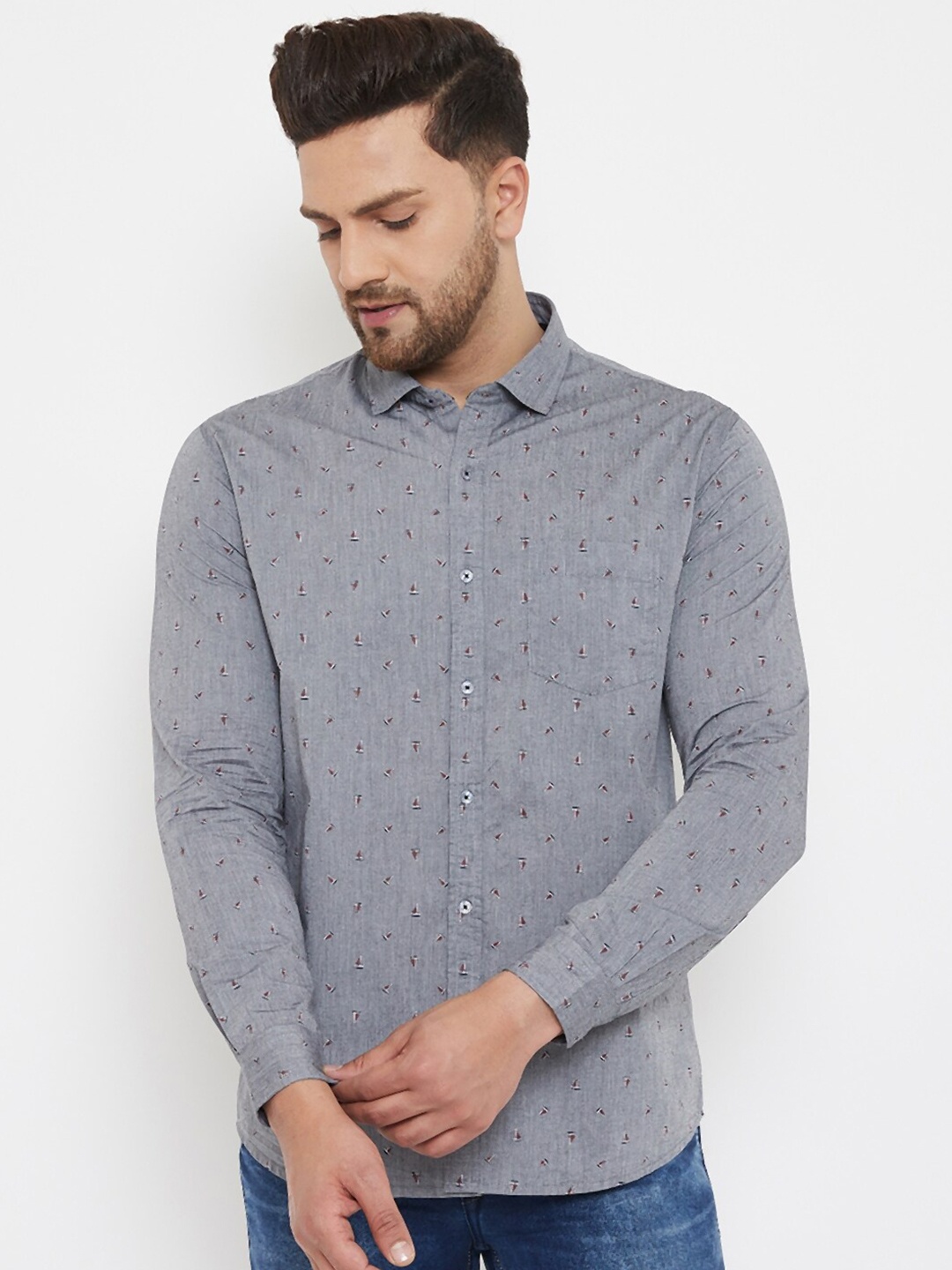 

Canary London Micro Ditsy Printed Cotton Slim Fit Casual Shirt, Grey