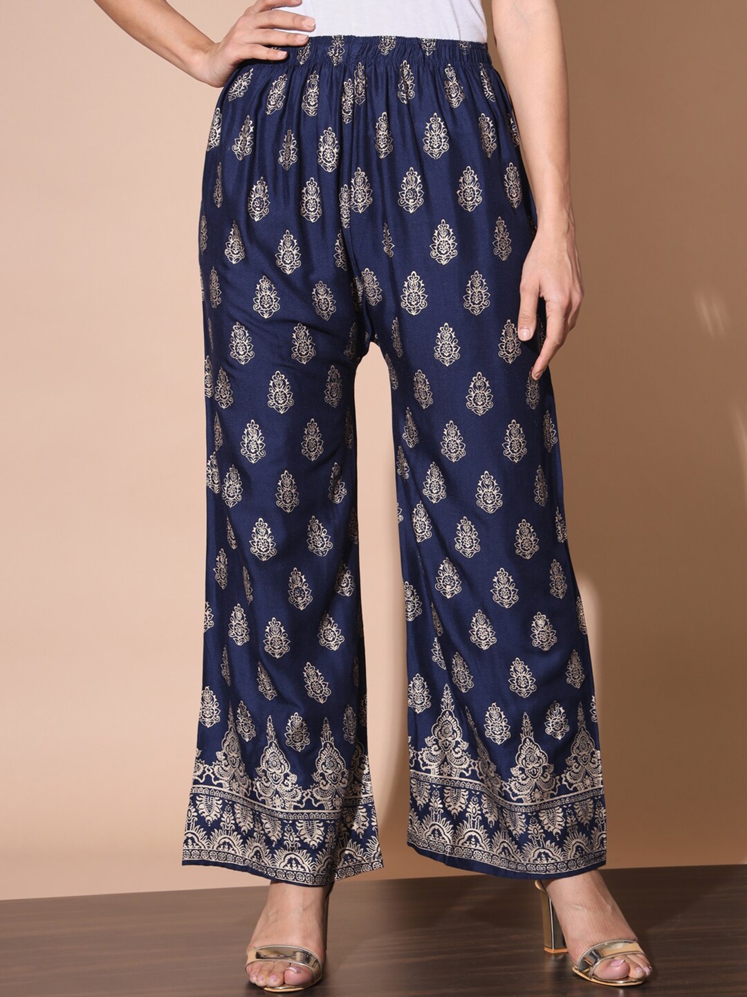 

BUY NEW TREND Women Floral Printed Knitted Ethnic Palazzos, Navy blue