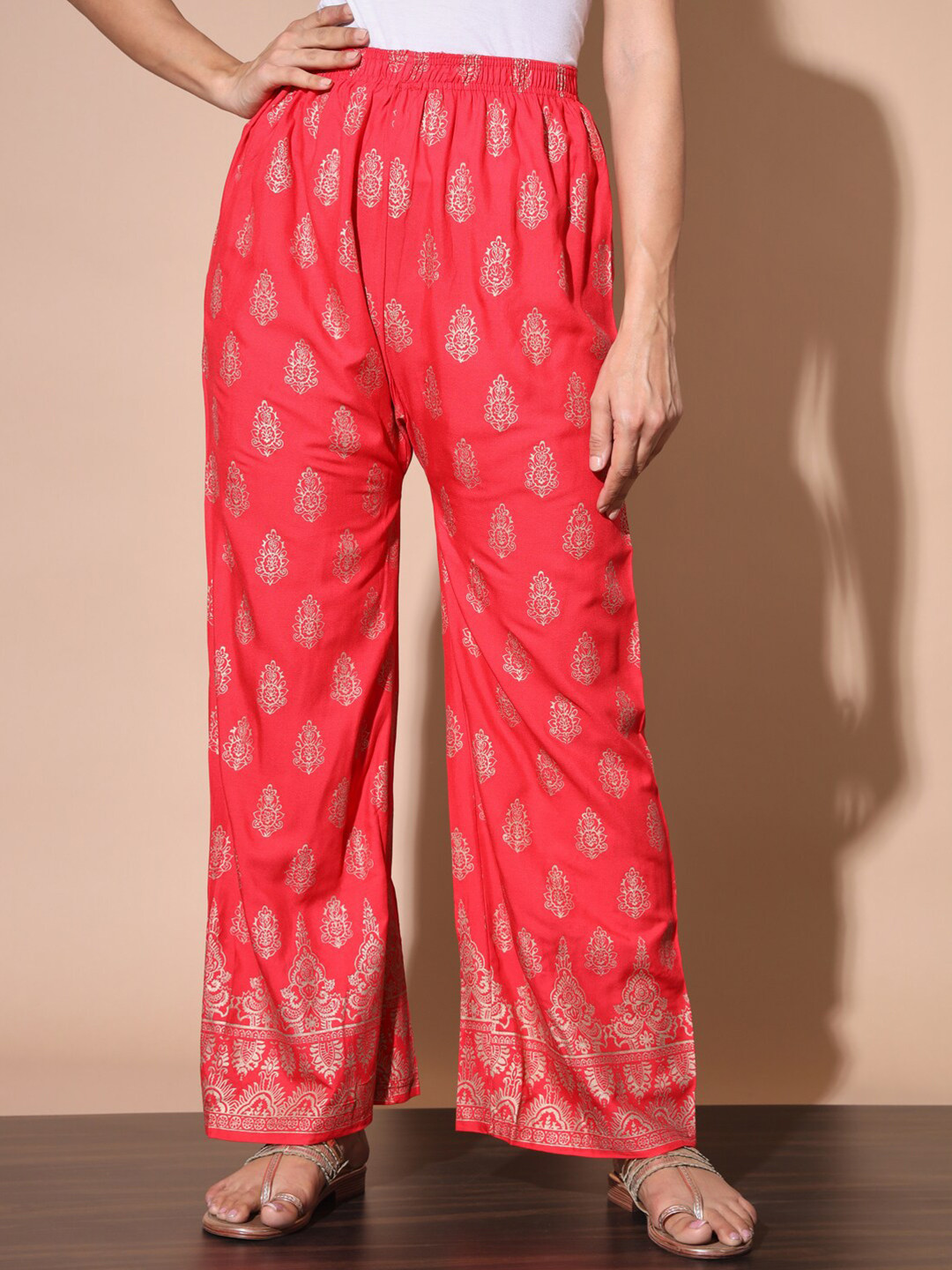

BUY NEW TREND Women Ethnic Motifs Printed Knitted Ethnic Palazzos, Red