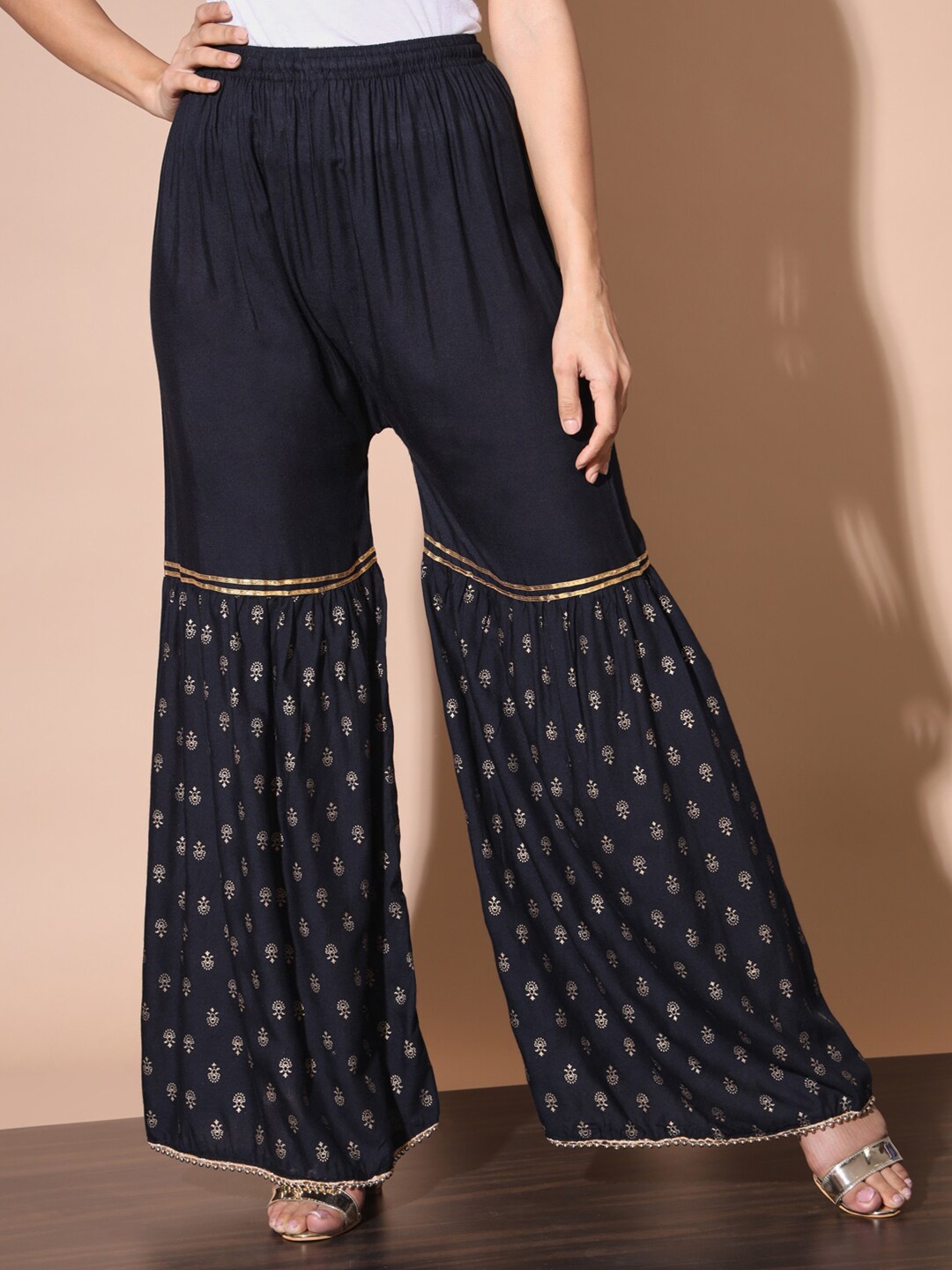 

BUY NEW TREND Women Floral Hem Design Flared Knitted Ethnic Palazzos, Black