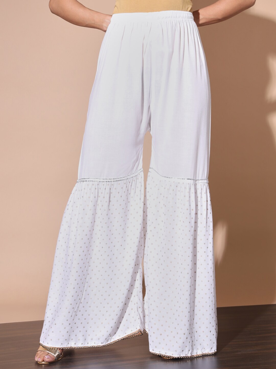 

BUY NEW TREND Women Hem Design Flared Knitted Ethnic Palazzos, White