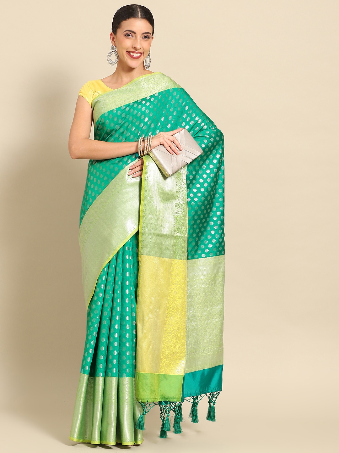 

Silk Land Ethnic Motifs Zari Kanjeevaram Saree, Green
