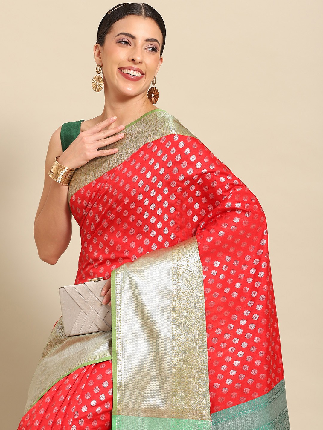 

Silk Land Ethnic Motifs Zari Kanjeevaram Saree, Red
