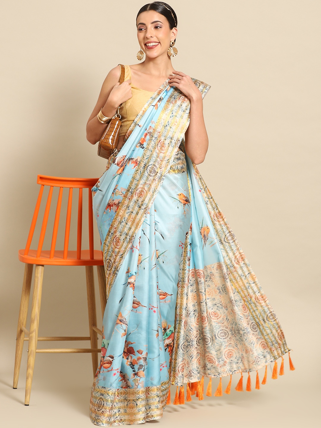 

Silk Land Floral Zari Banarasi Saree, Blue