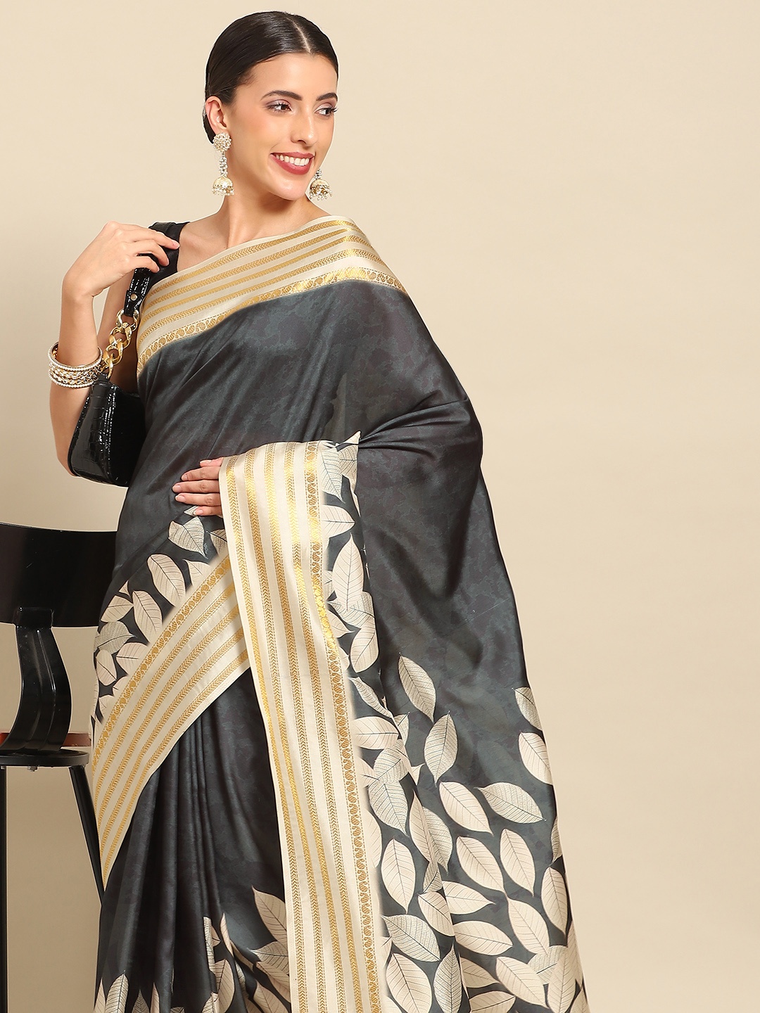 

Silk Land Floral Zari Banarasi Saree, Black