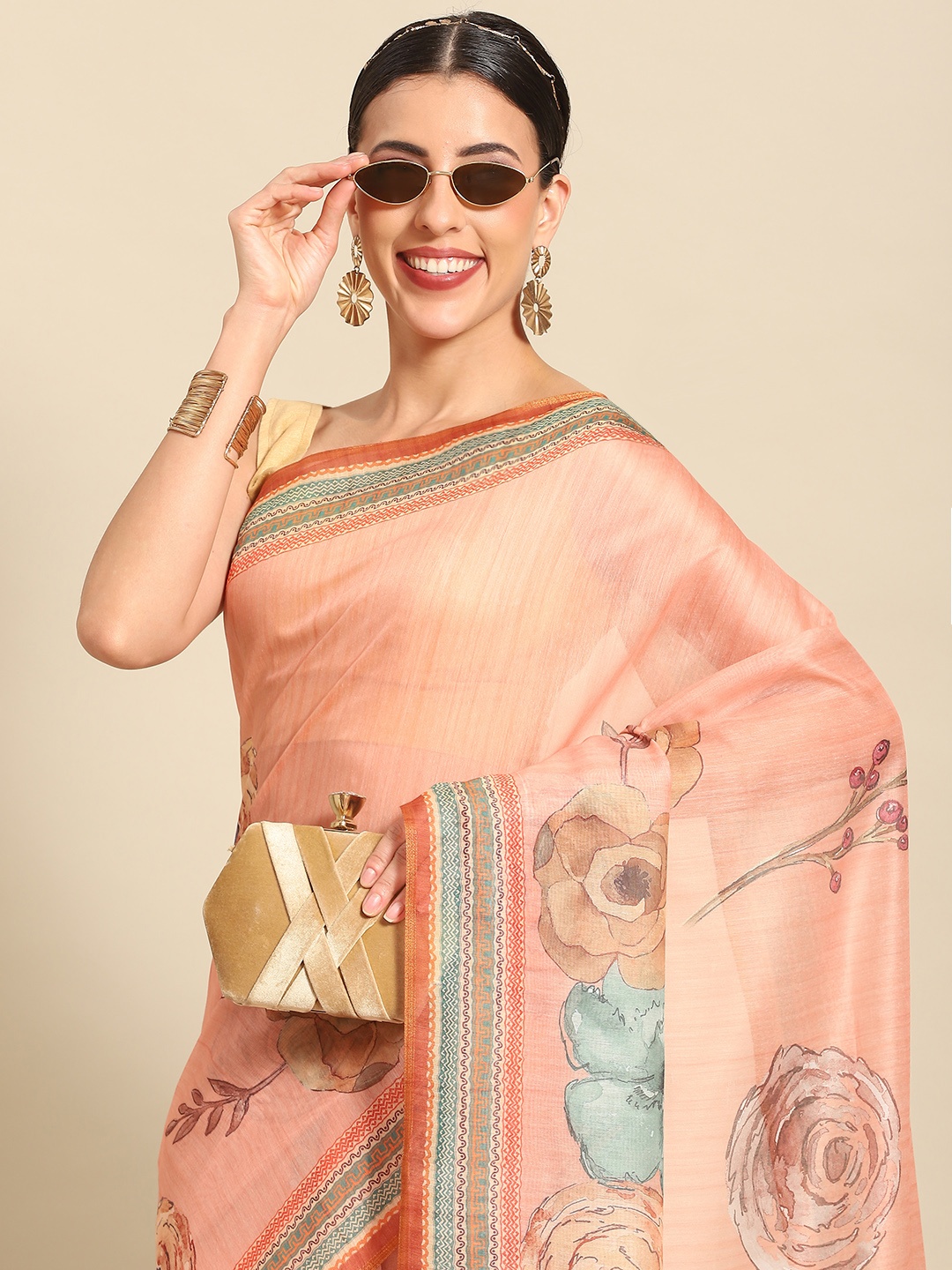 

Silk Land Floral Fusion Chanderi Cotton Digital Print Saree, Peach