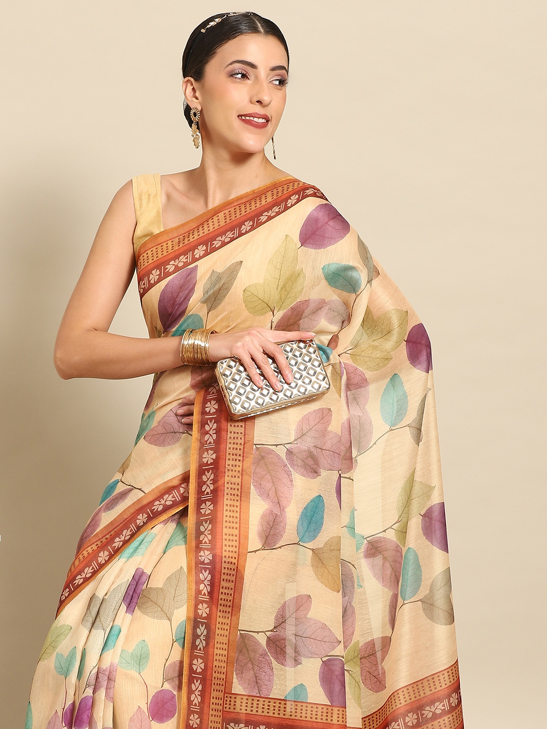 

Silk Land Floral Fusion Chanderi Cotton Digital Print Saree, Mustard