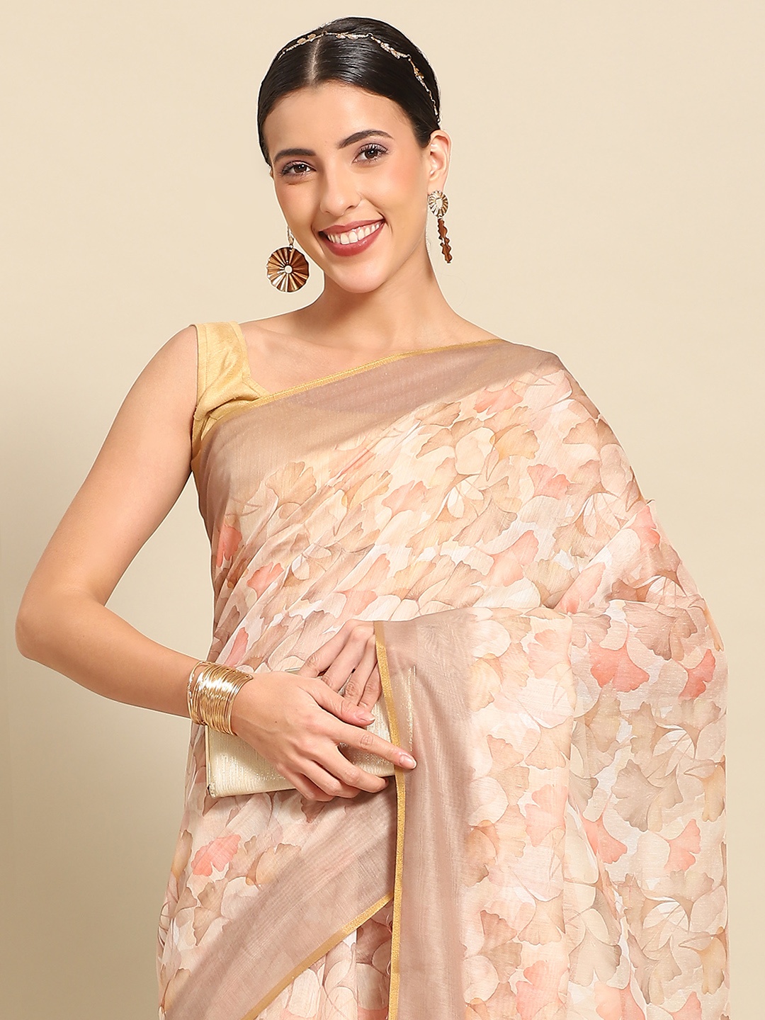 

Silk Land Floral Fusion Chanderi Cotton Digital Print Saree, Beige