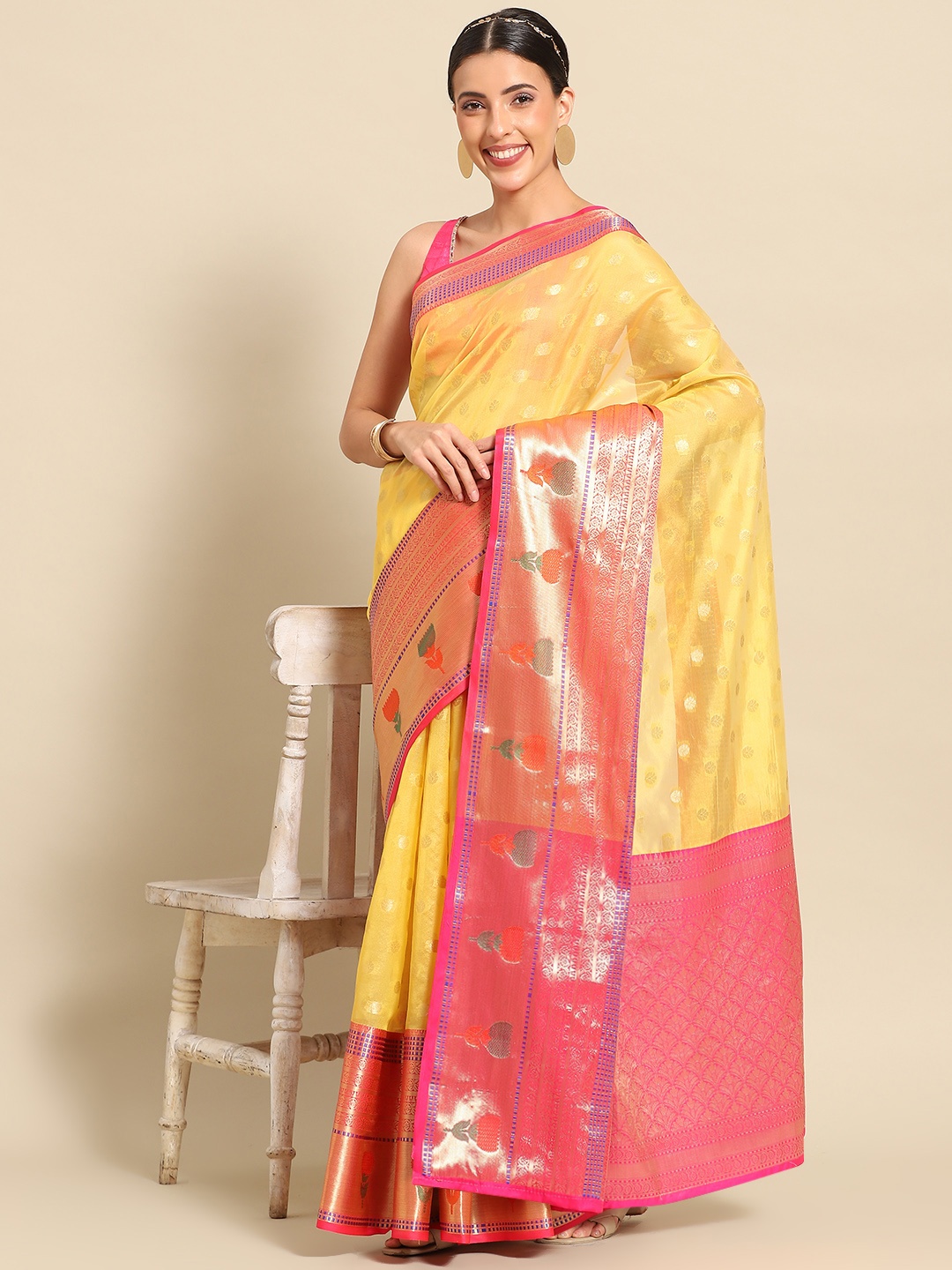 

Silk Land Ethnic Motifs Zari Kanjeevaram Saree, Mustard