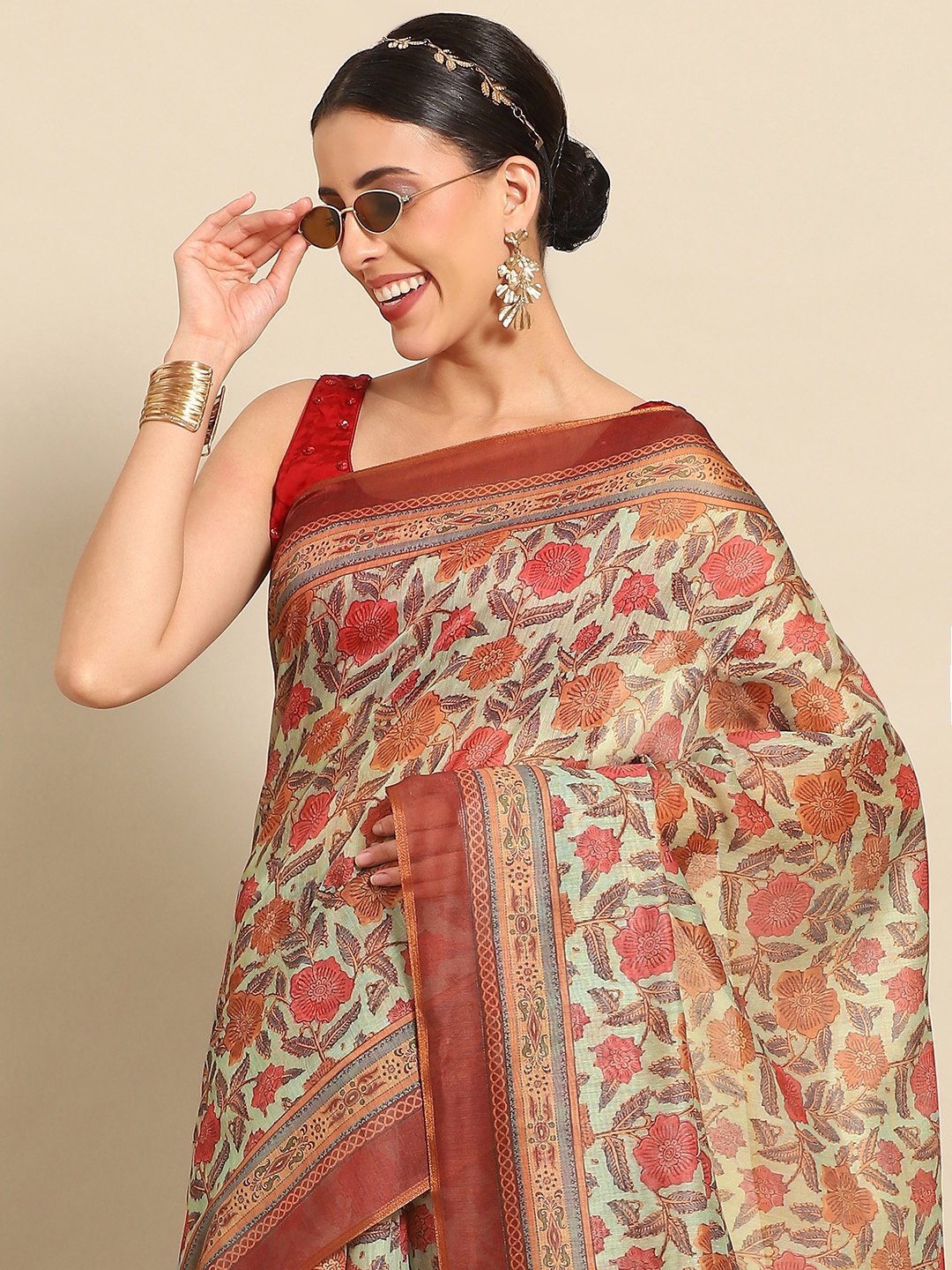

Silk Land Floral Fusion Chanderi Cotton Digital Print Saree, Green