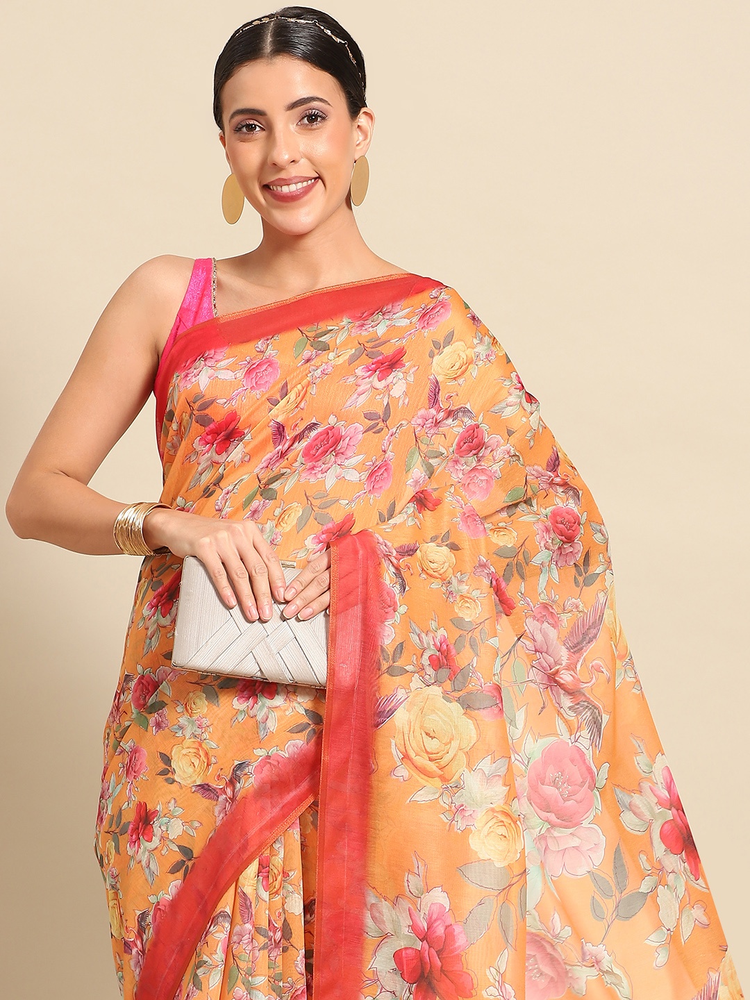 

Silk Land Floral Fusion Chanderi Cotton Digital Print Saree, Orange