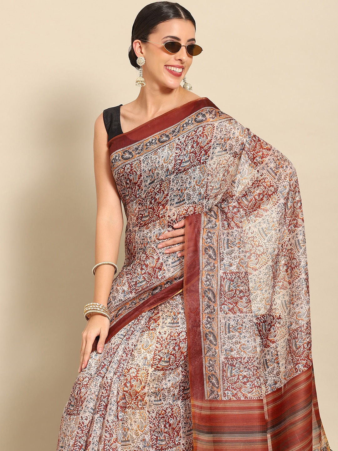 

Silk Land Floral Zari Block Print Saree, Brown
