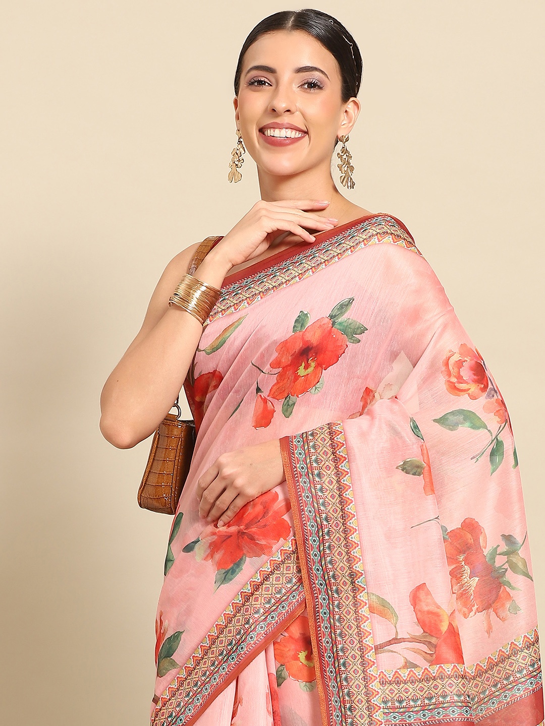 

Silk Land Floral Fusion Chanderi Cotton Digital Print Saree, Pink