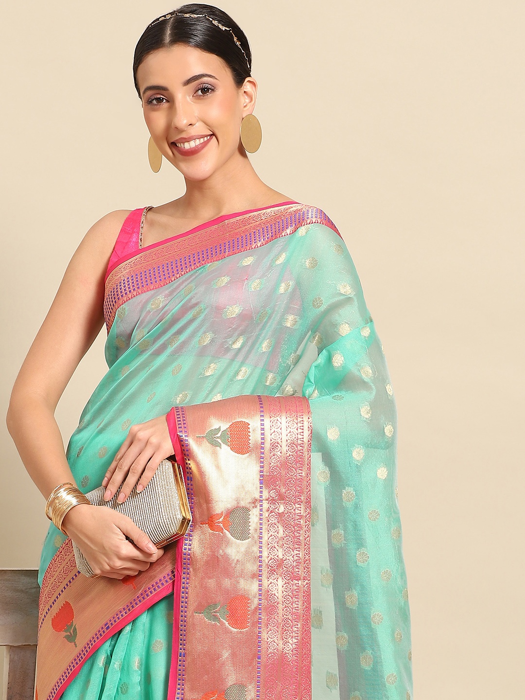 

Silk Land Ethnic Motifs Zari Kanjeevaram Saree, Teal