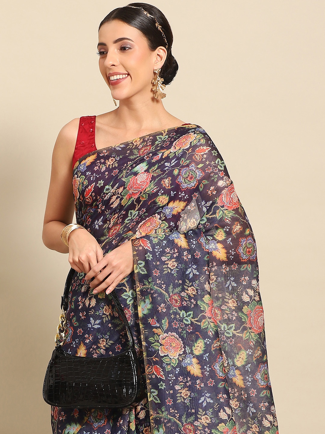 

Silk Land Floral Fusion Chanderi Cotton Digital Print Saree, Navy blue