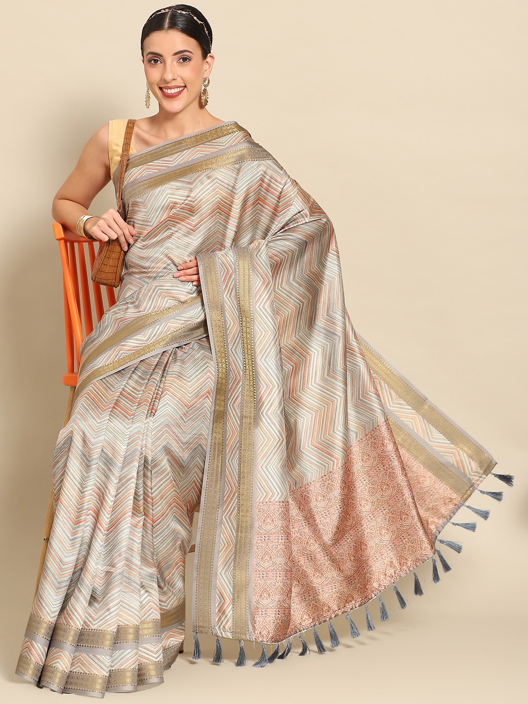 

Silk Land Floral Zari Banarasi Saree, Grey