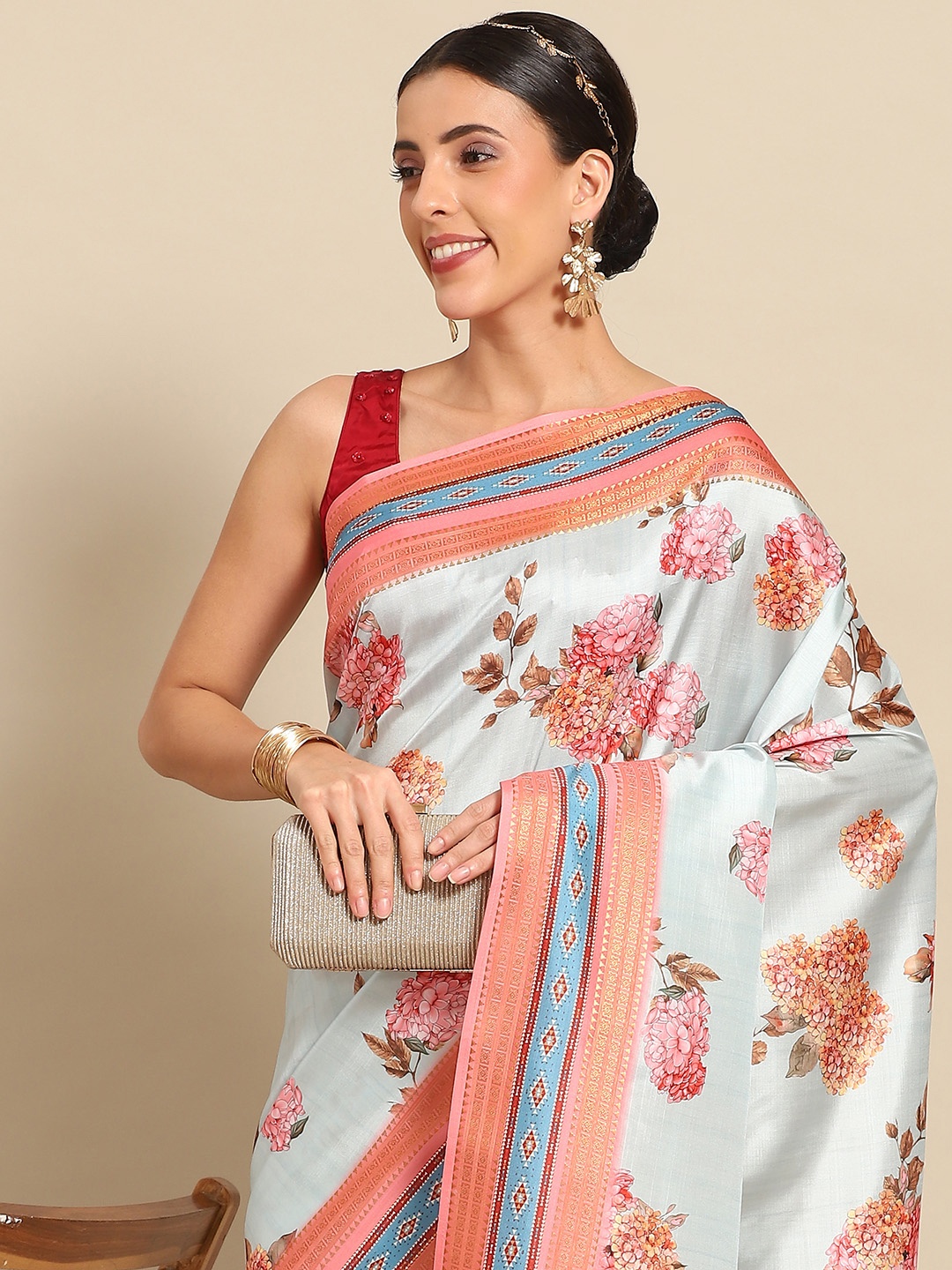 

Silk Land Floral Zari Banarasi Saree, Blue