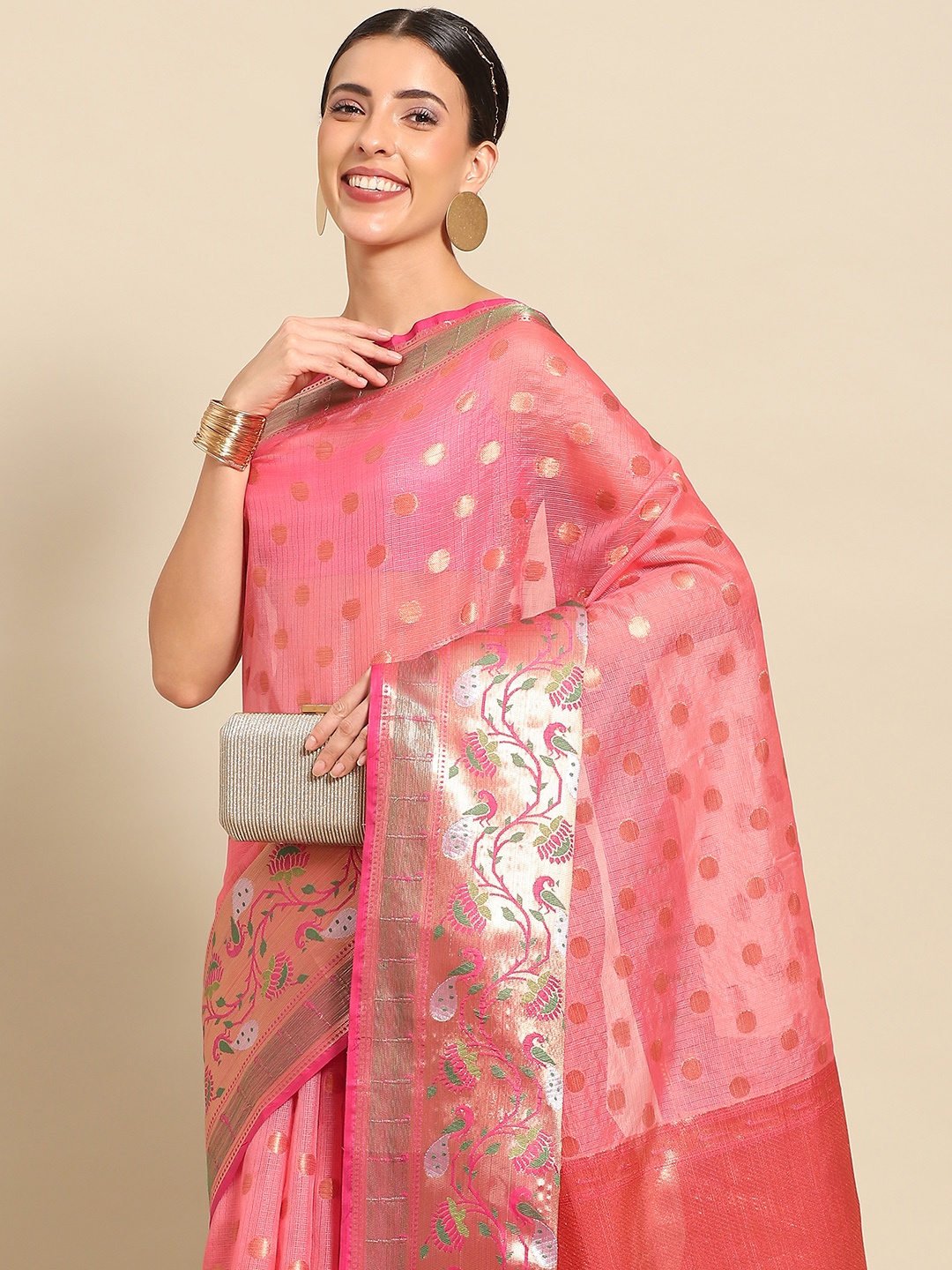 

Silk Land Ethnic Motifs Zari Banarasi Saree, Pink