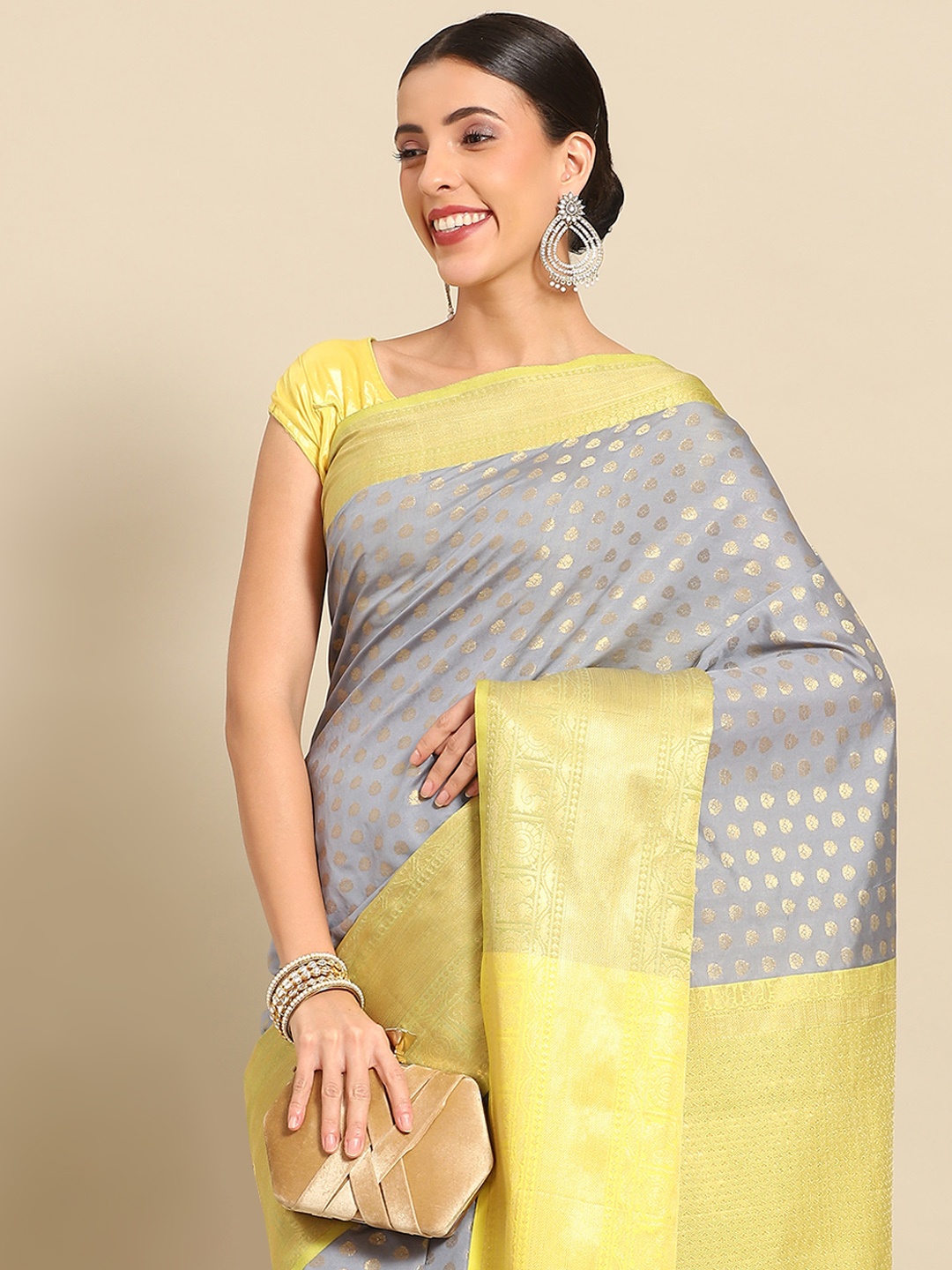 

Silk Land Ethnic Motifs Zari Kanjeevaram Saree, Grey