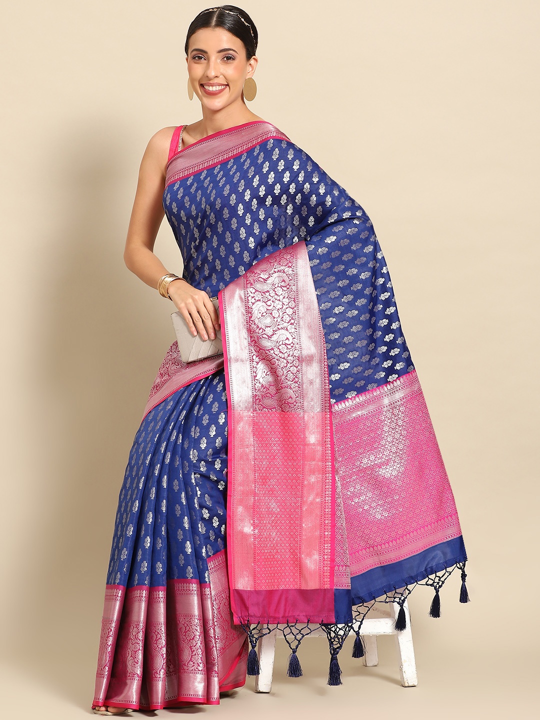 

Silk Land Ethnic Motifs Zari Kanjeevaram Saree, Navy blue