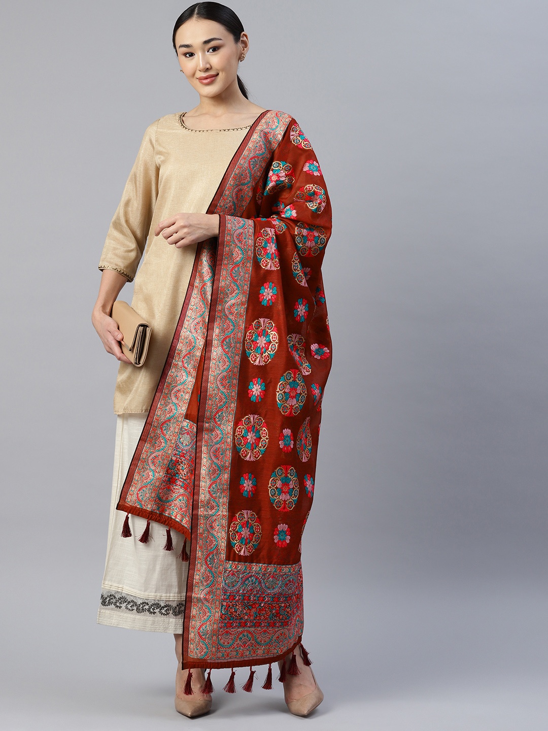 

Silk Land Ethnic Motifs Embroidered Pure Cotton Dupatta With Thread Work, Rust