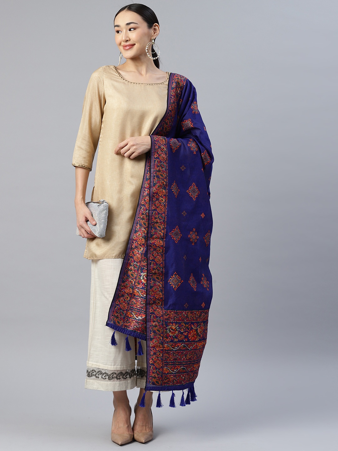 

Silk Land Ethnic Motifs Embroidered Pure Cotton Dupatta With Thread Work, Navy blue