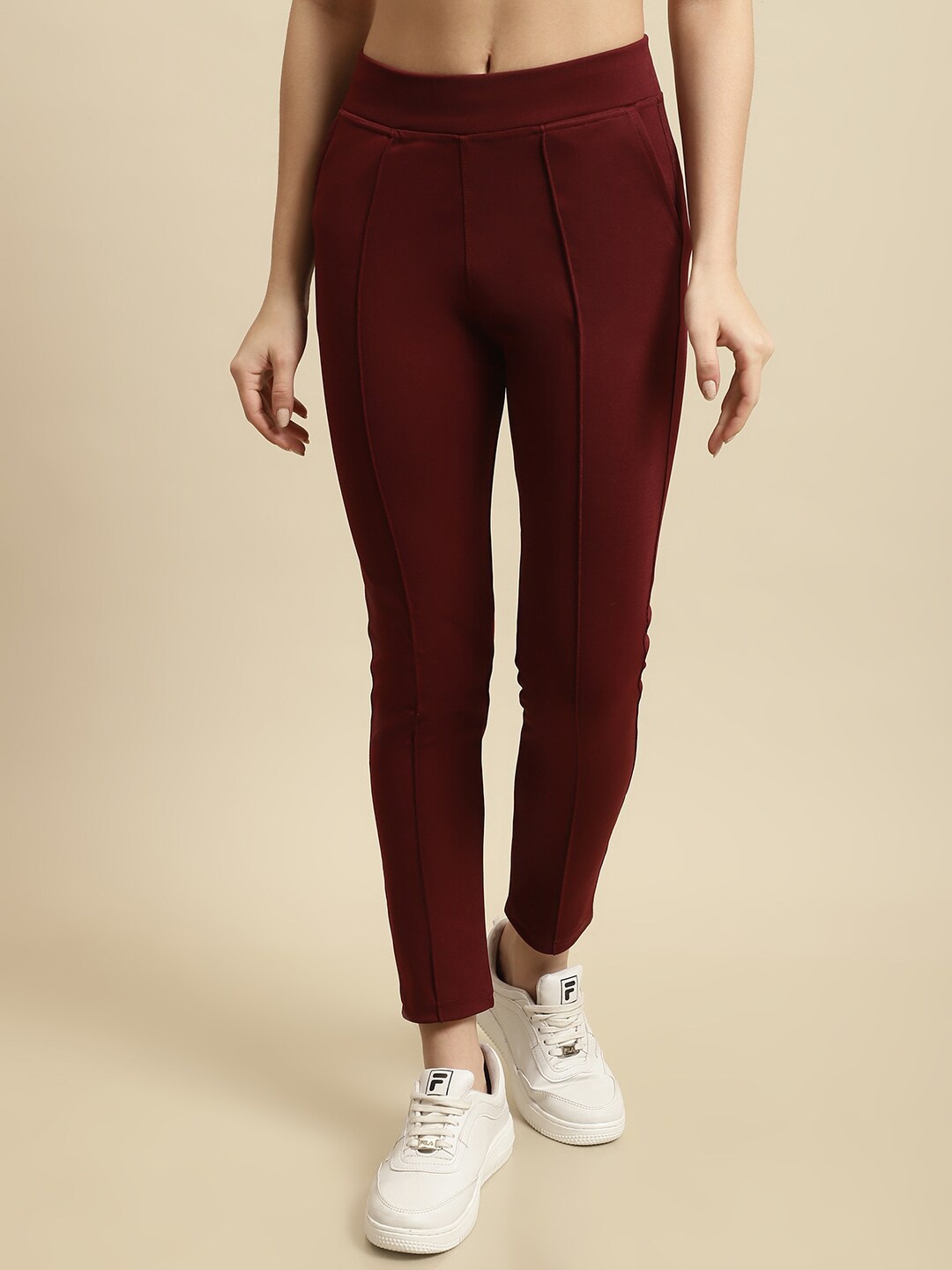 

TAG 7 Women Mid-Rise Skinny Fit Ankle Length Jeggings, Maroon