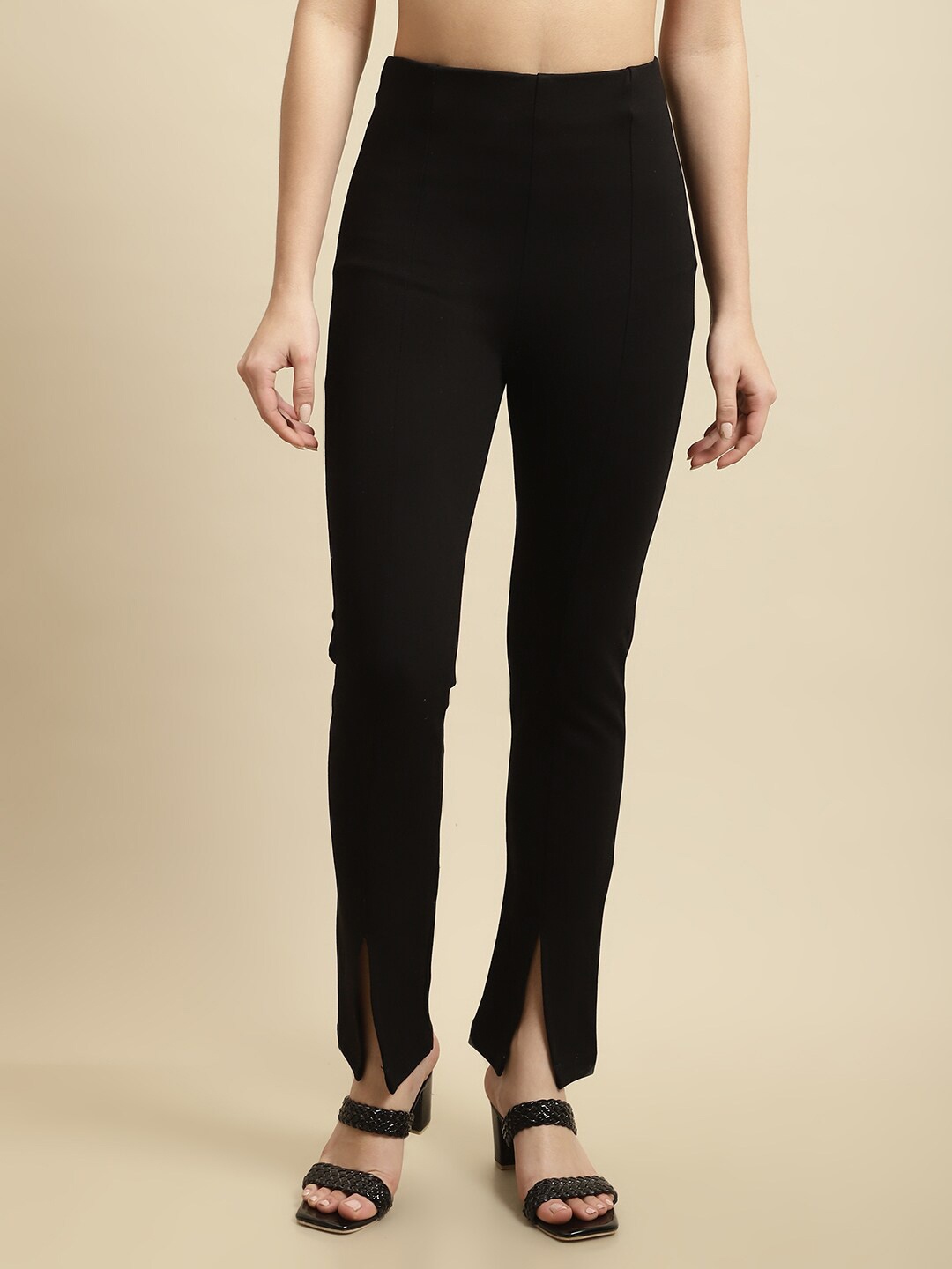 

TAG 7 Women Mid-Rise Skinny Fit Ankle Length Slit Details Jeggings, Black