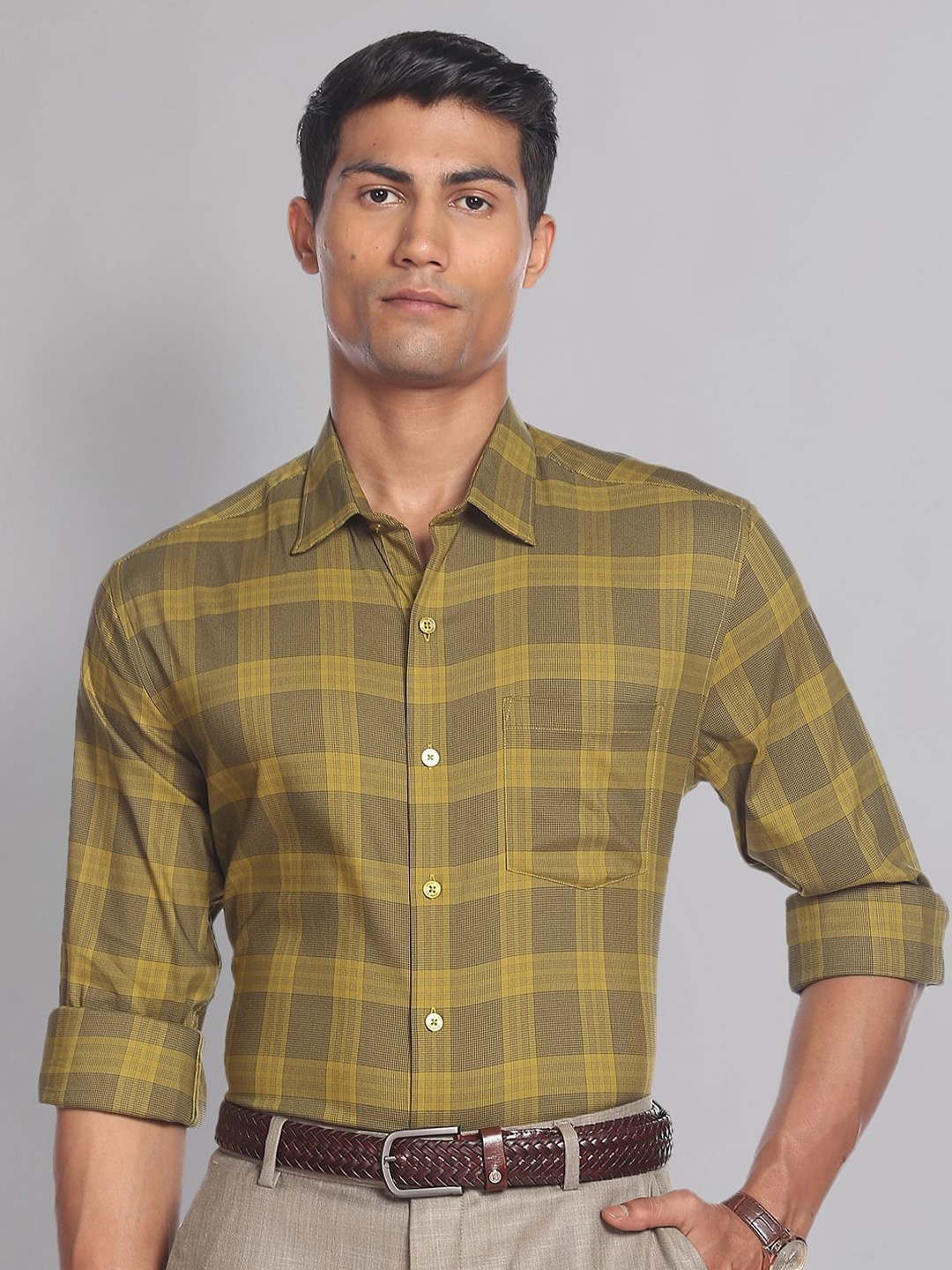 

AD By Arvind Men Tartan Checked Slim Fit Formal Shirt, Olive