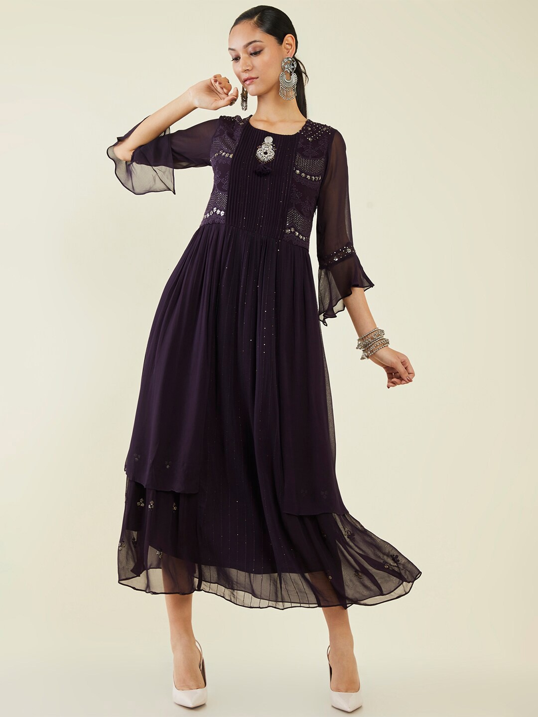 

Soch Embroidered Sequinned Georgette Ethnic Maxi Ethnic Dress, Purple