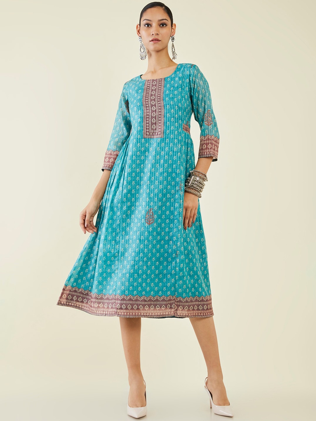 

Soch Ethnic Motifs Printed Chanderi Silk A-Line Dress, Turquoise blue
