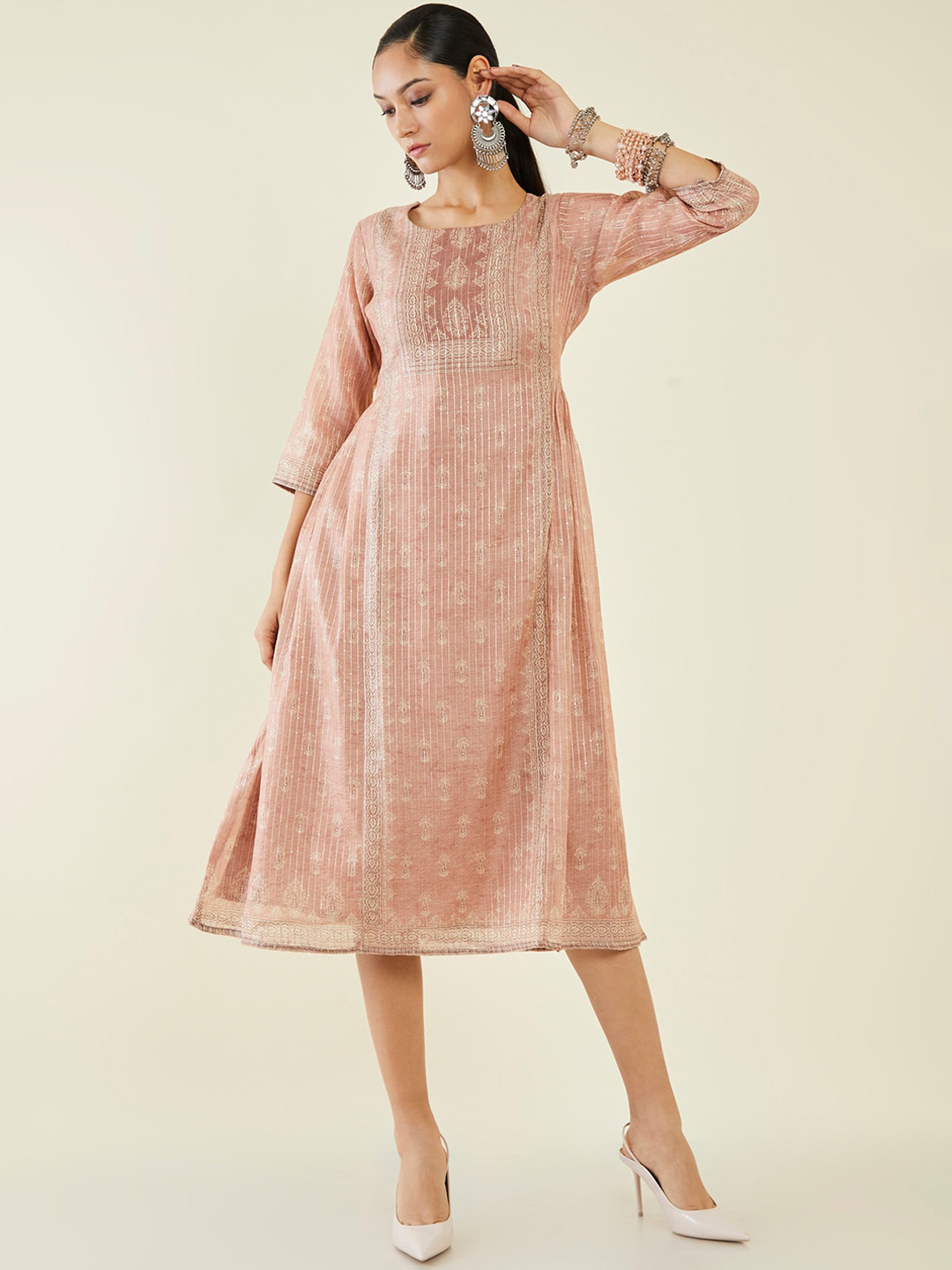 

Soch Women Ethnic Motif Printed Sequinned Chanderi Silk Anarkali Kurta, Peach