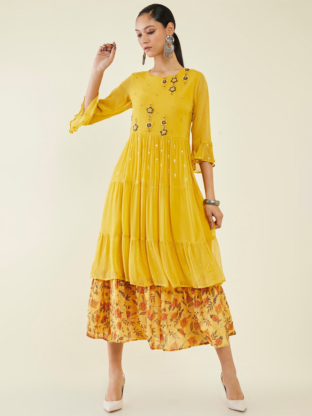 

Soch Floral Printed Bell Sleeves Georgette Midi Dress, Yellow
