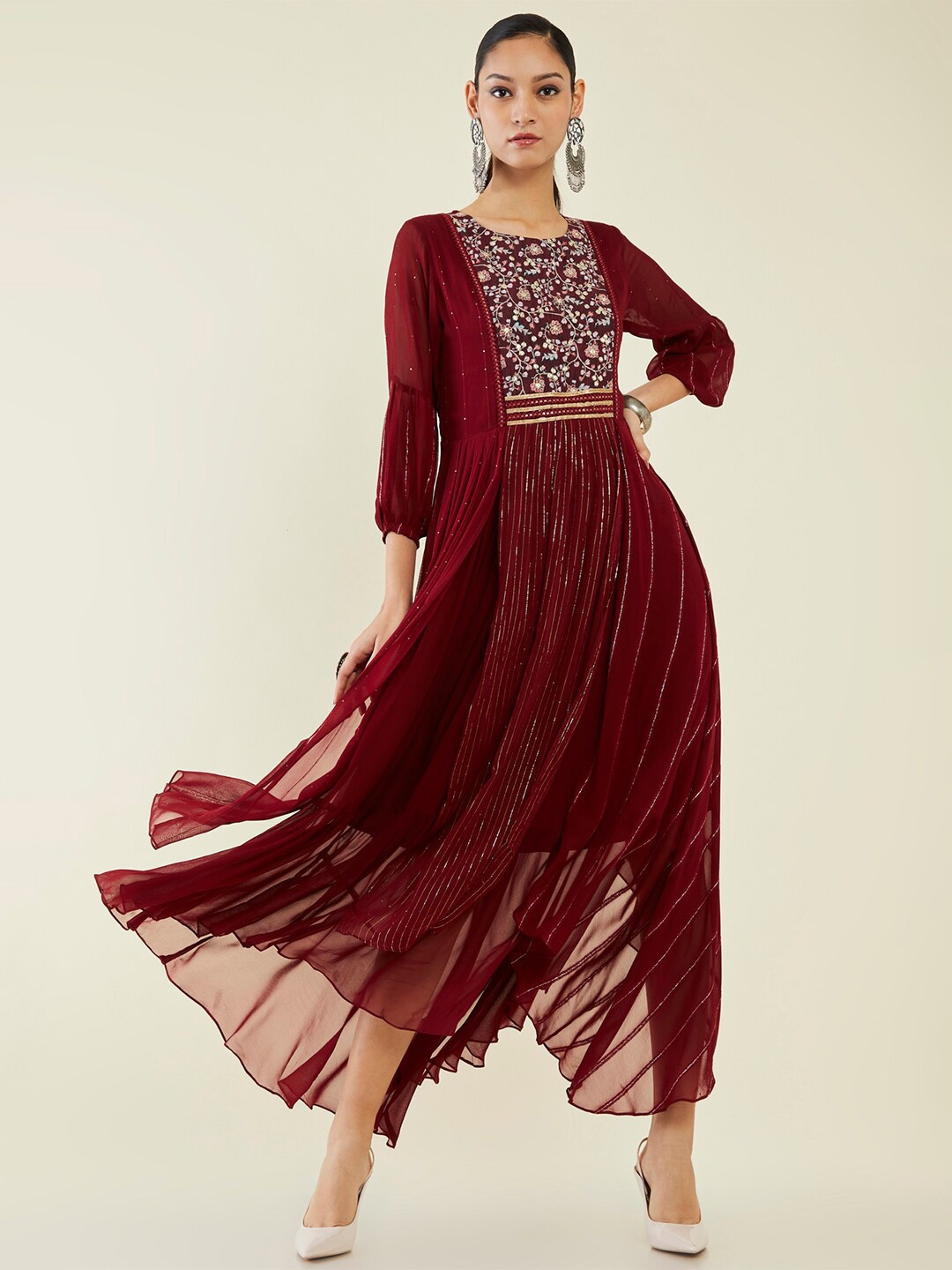 

Soch Embroidered Georgette Puff Sleeves A-Line Ethnic Dress, Maroon
