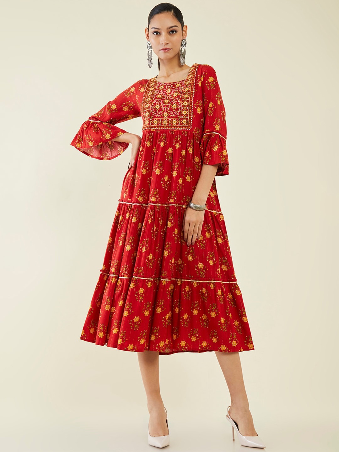 

Soch Red Ethnic Motifs Printed Tiered Fit & Flare Midi Ethnic Dress