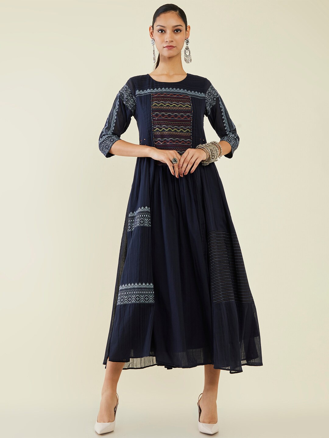 

Soch Ethnic Motifs Printed Round Neck Cotton Ethnic Dress, Navy blue