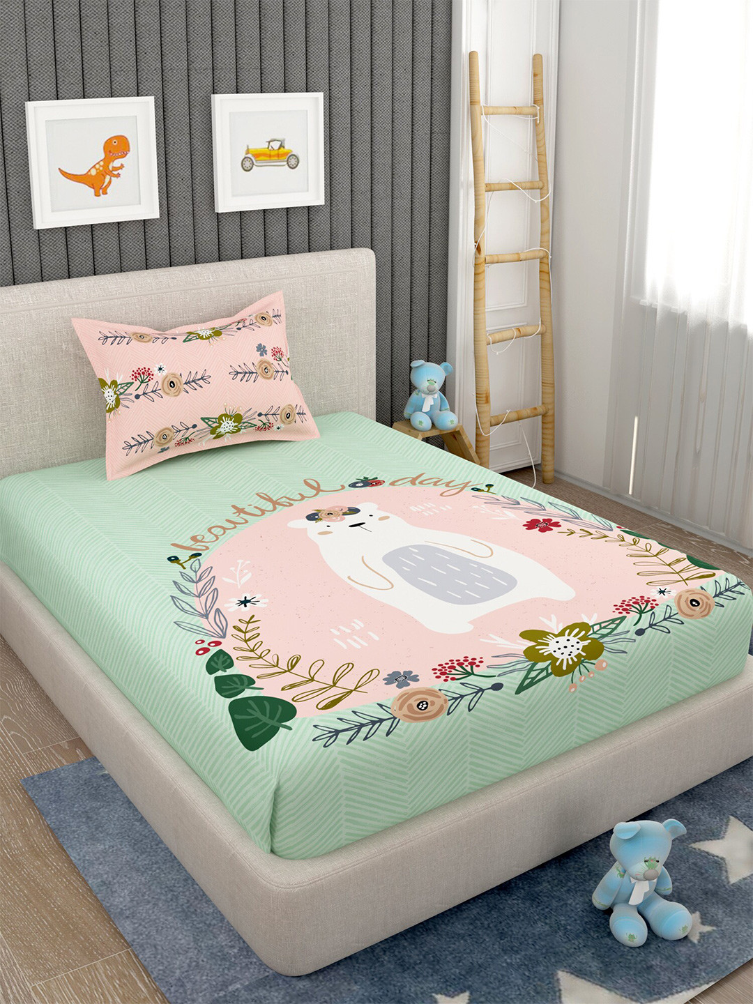 

EverHOME Green & Pink Grapic 160 TC Cotton Flat Single Bedsheet With 1 Pillow Cover