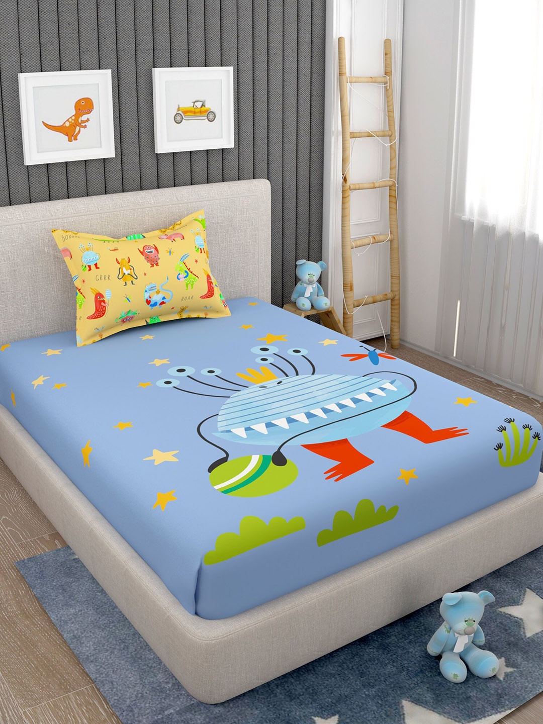 

EverHOME Blue & Yellow Conversational 160 TC Flat Cotton Single Bedsheet with Pillow Cover