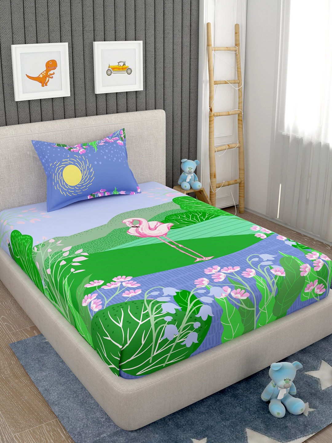 

EverHOME Green & Purple 160 TC Cotton Flat Single Bedsheet With 1 Pillow Cover