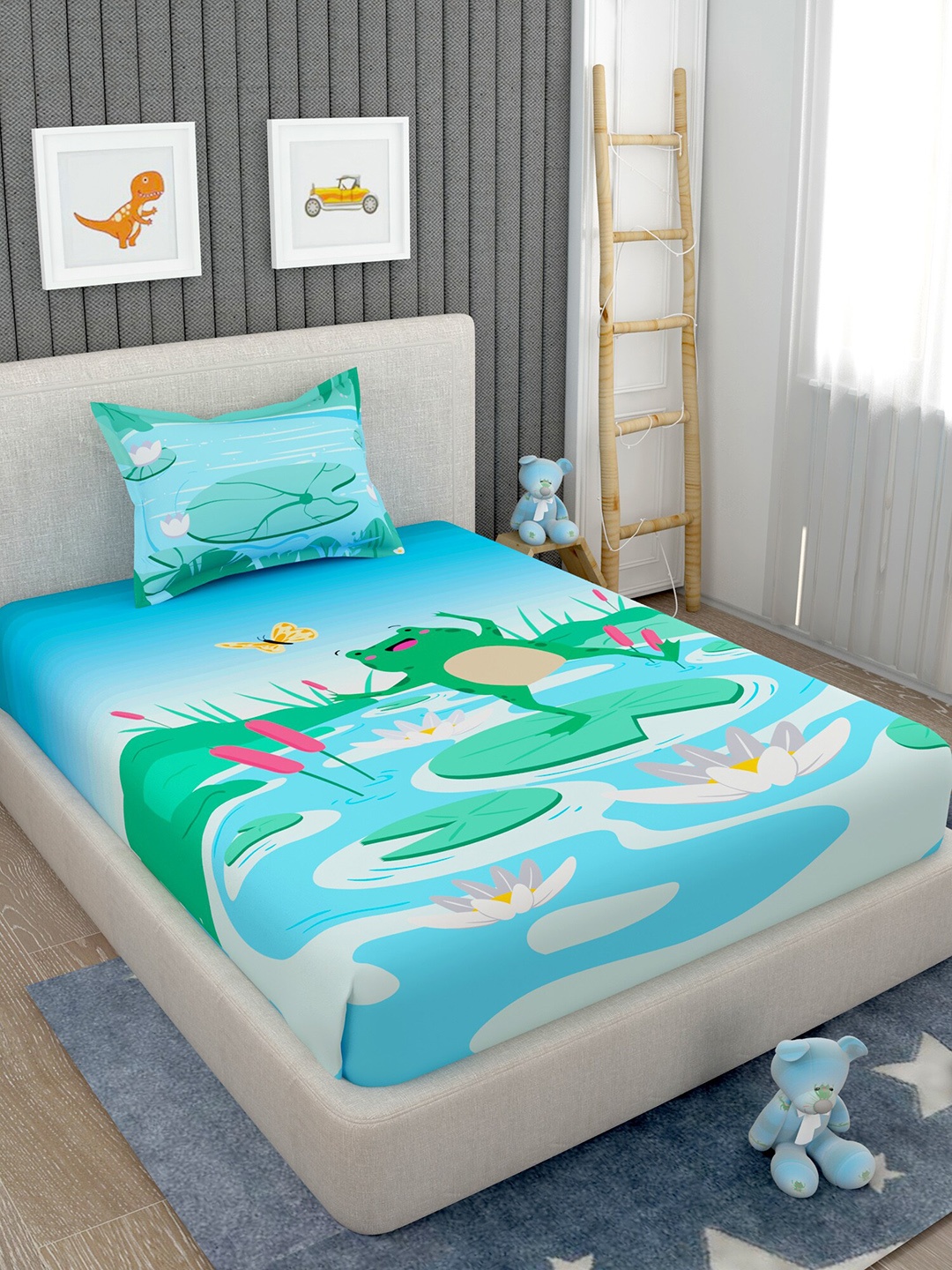 

EverHOME Blue & Green Grapic 160 TC Cotton Flat Single Bedsheet With 1 Pillow Cover